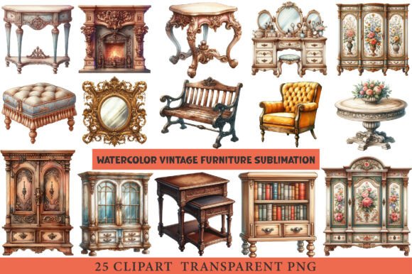 Download Vintage Furniture Watercolor Clipart - Vintage furniture Collection