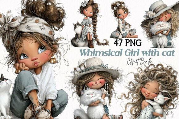 Download Whimsical Girl with Cat Clipart - Premium Bundle